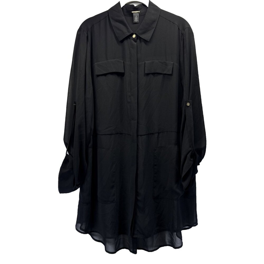 Chicos Black Label Tunic Top L Button Sheer Black Pockets Roll Tab Gothic Grunge